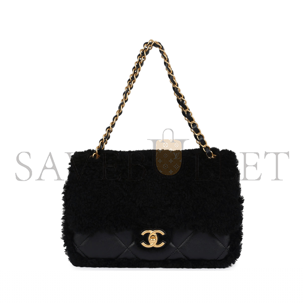 Ch*el medium shearling flap bag black lambskin brushed gold hardware (23.5*16*7.5cm)